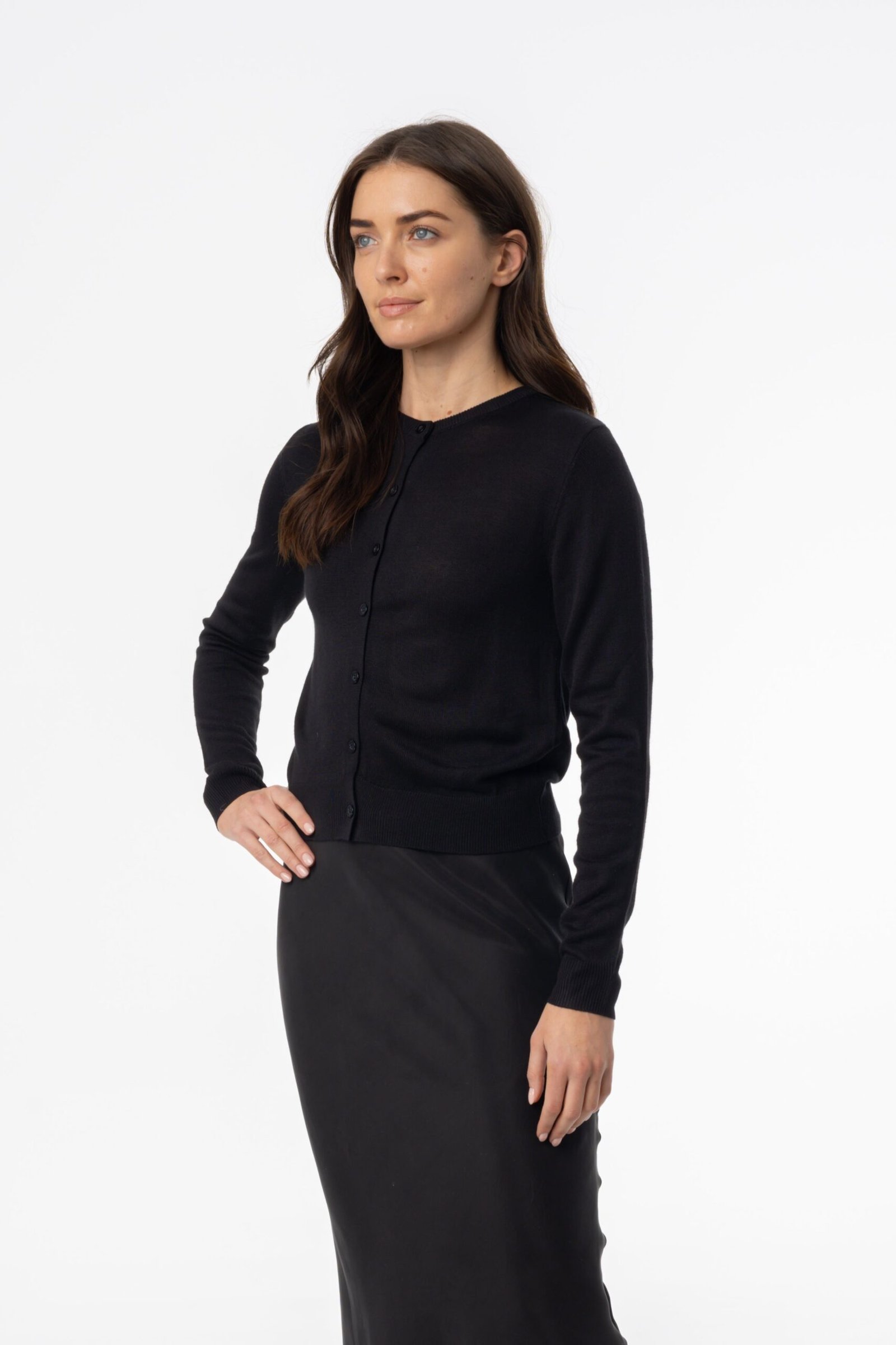 Black Fine Knit Round Neck Cardi - Image 2