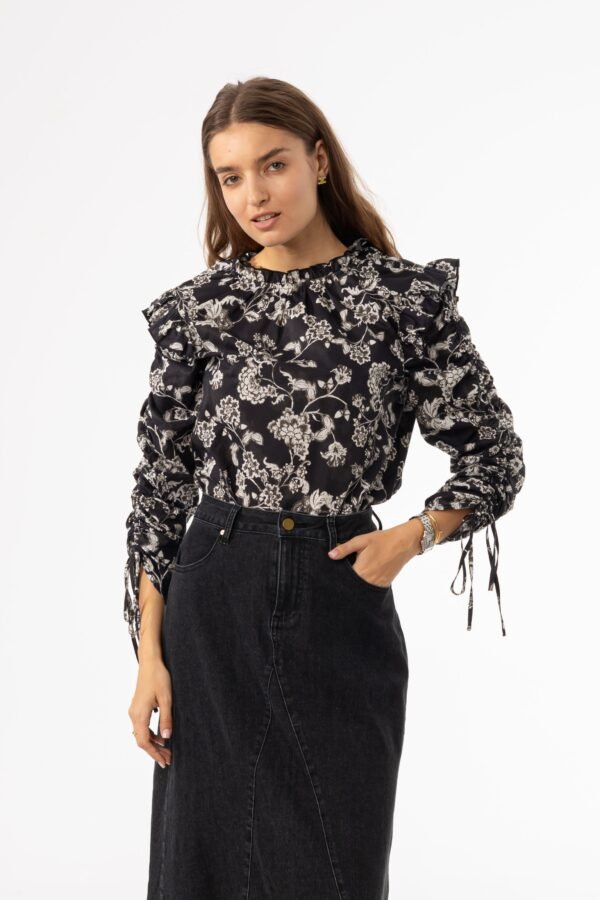 Black Floral Ruffle Blouse