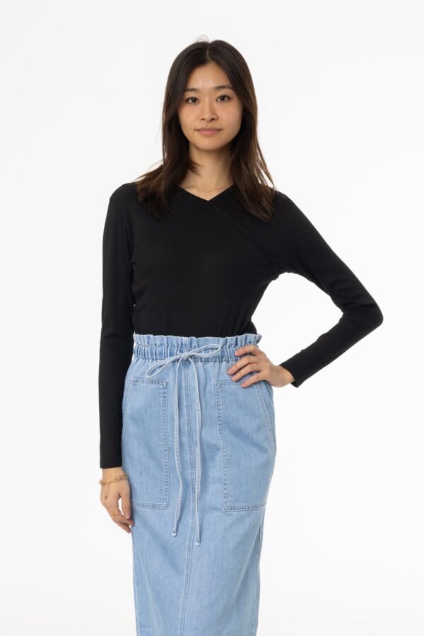 Black Ribbed Faux Wrap Tee