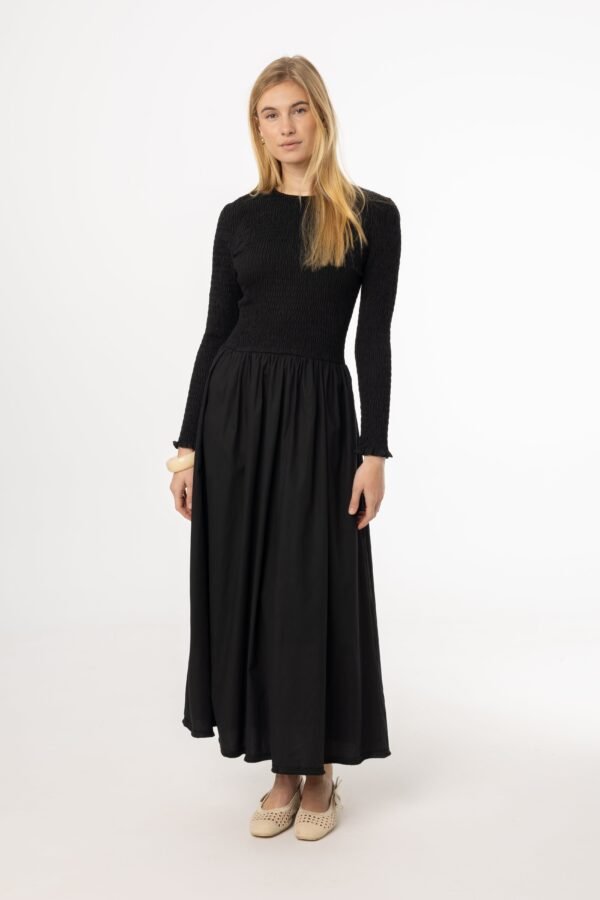 Black Smocked Cotton Maxi Dress