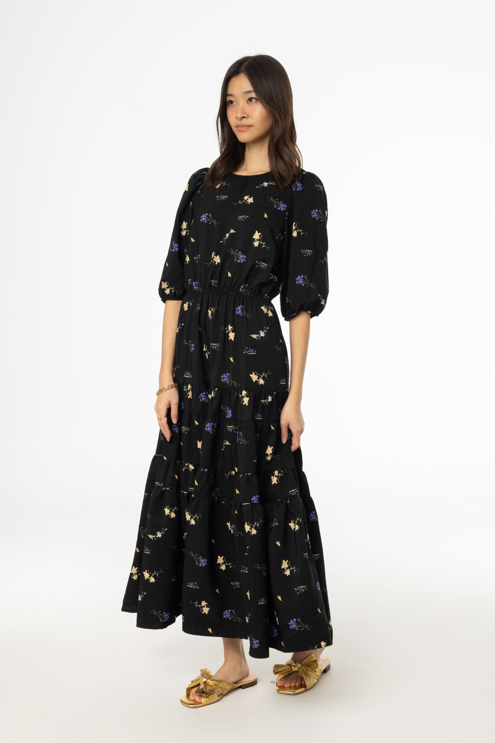 Black Floral Print Tiered Dress - Image 2