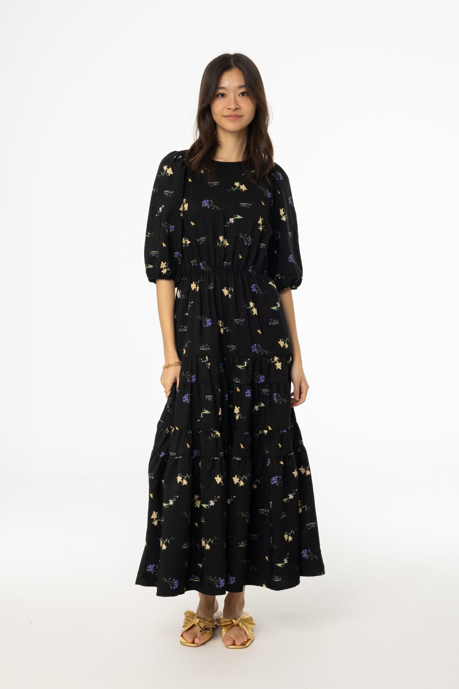 Black Floral Print Tiered Dress - Image 4